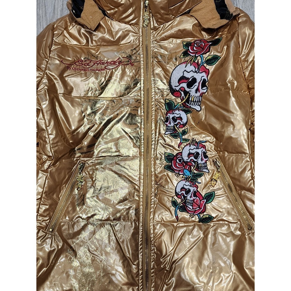 Ed Hardy By Christian Andigier Womens Puffer Jacket Skull Rose Gold Size M - Picture 3 of 11